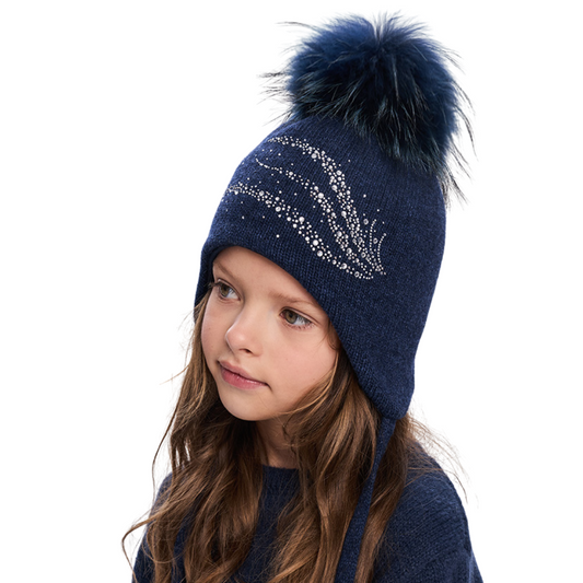 11565 Girls’ Winter Knit Hat with Natural Fur Pom-Pom and Rhinestone Design | Size 54–56 cm | Ages 6–12 | Cashmere, Wool, Cotton Lining | Down to –20°C
