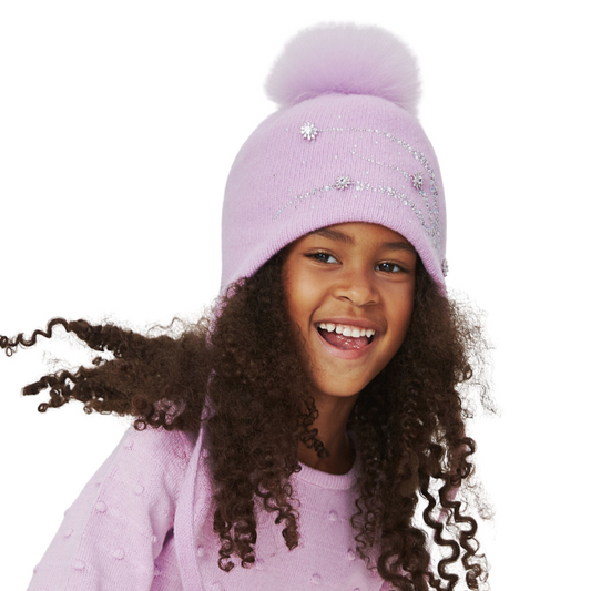 11413 Girls’ Winter Knit Hat with Fur Pom-Pom, Rhinestones & Crystal Flower Details | Size 54–56 cm | Ages 6–12 | Cashmere, Wool, Cotton Lining | Down to –20°C