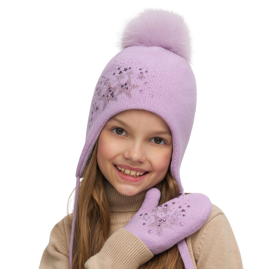 11404 Girls’ Winter Knit Hat – Cashmere & Wool Blend, Rhinestone Star Design, Natural Fur Pom-Pom | Size 54–56 cm | Ages 6–12 Years