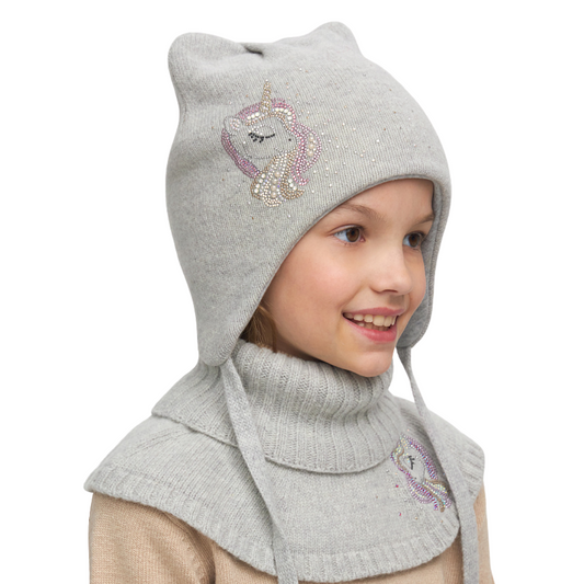 11343 Girls’ Winter Knit Hat with Unicorn Rhinestone Appliqué & Tie Strings | Size 54–56 cm | Ages 6–12 Years | Cashmere & Wool Blend, Cotton Lining