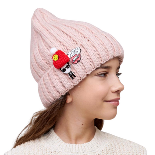 10125 Girls’ Winter Knit Hat with Sewn-On Appliqués | Size 54–56 cm | Ages 6–12 Years | Baby Alpaca, Wool | 100% Cotton Lining