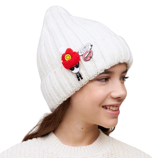 10125 Girls’ Winter Knit Hat with Sewn-On Appliqués | Size 54–56 cm | Ages 6–12 Years | Baby Alpaca, Wool | 100% Cotton Lining