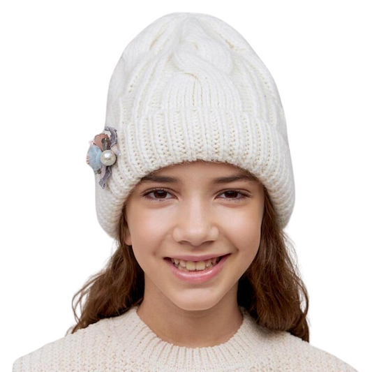 81194 Girls’ Knitted Winter Hat with Floral Patch & Pearl Accent | Size 54–56 cm | Ages 6–12 | 100% Cotton Lining | Baby Alpaca, Wool
