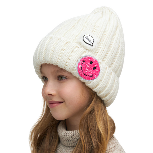 11283 Girls’ Knitted Winter Hat with Sequin Smiley Patch | Size 54–56 cm | Ages 6–12 | 100% Cotton Lining | Baby Alpaca, Wool
