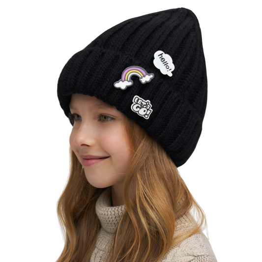 11282 Girls’ Winter Knit Hat with Patches | Size 54–56 cm | Ages 6–12 | 100% Cotton Lining | Baby Alpaca, Wool