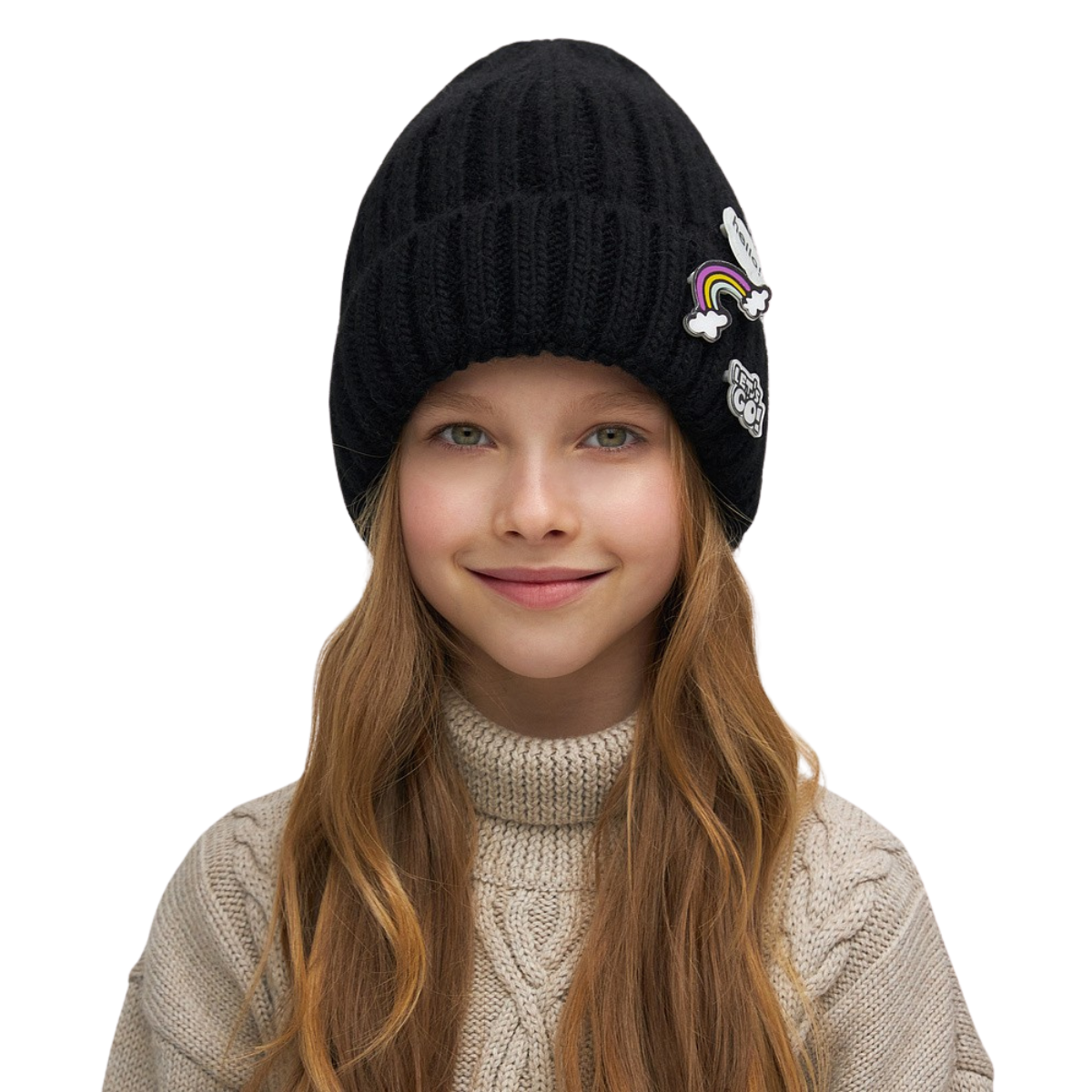 11282 Girls’ Winter Knit Hat with Patches | Size 54–56 cm | Ages 6–12 | 100% Cotton Lining | Baby Alpaca, Wool