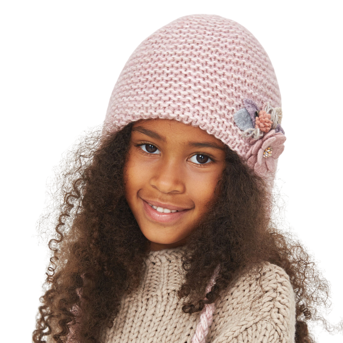 10143 Girls’ Winter Knit Hat with Textile Flower Appliqué & Long Tie Strings | Cotton Lining | Size 54–56 cm (7–12 Years)