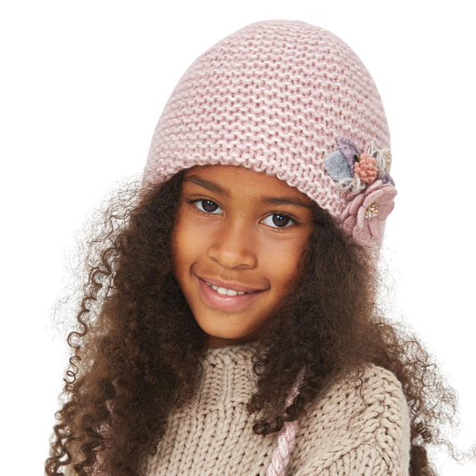 10143 Girls’ Winter Knit Hat with Textile Flower Appliqué & Long Tie Strings | Cotton Lining | Size 54–56 cm (7–12 Years)