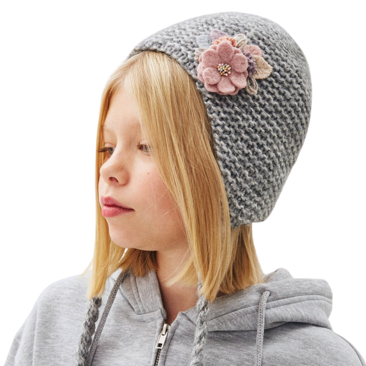 10143 Girls’ Winter Knit Hat with Textile Flower Appliqué & Long Tie Strings | Cotton Lining | Size 54–56 cm (7–12 Years)