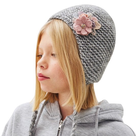 10143 Girls’ Winter Knit Hat with Textile Flower Appliqué & Long Tie Strings | Cotton Lining | Size 54–56 cm (7–12 Years)