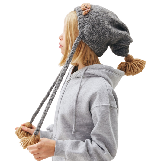 10147 Girls’ Winter Knit Hat with Teddy Bear Patch & Tassel Ties | Size 54–56 cm (Ages 6–12)