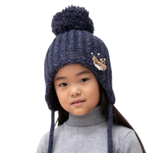 80367 Girls’ Winter Knit Hat with Pom-Pom | Crown Appliqué & Subtle Sequins | Ages 6–12 / 54–56 cm | Baby Alpaca, Wool | 100% Cotton Lining