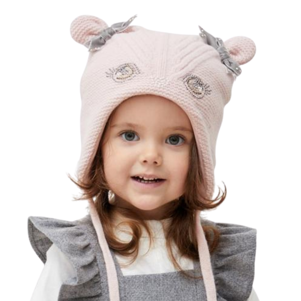 80139 Girls’ Warm Winter Hat with Ears, Tie Strings & Face Design with Bows | 18–36 Months | Cashmere Wool Blend, Cotton Lining