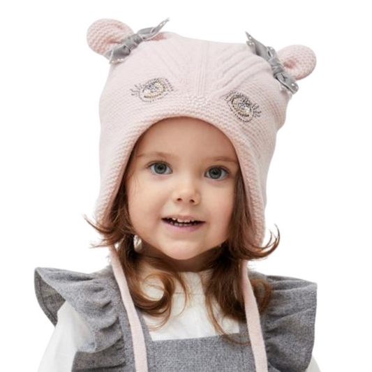80139 Girls’ Warm Winter Hat with Ears, Tie Strings & Face Design with Bows | 18–36 Months | Cashmere Wool Blend, Cotton Lining