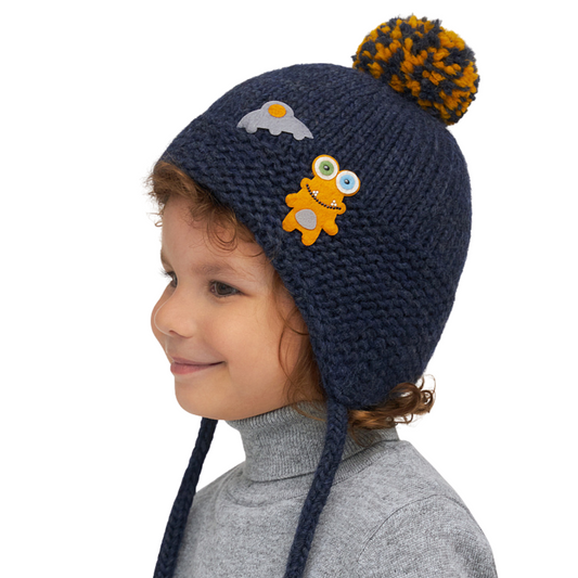 11264 Boys’ Knitted Winter Hat with Monster Appliqué | Pom-Pom | Sizes 48–50 cm | 9–18 Months | Baby Alpaca, Wool | 100% Cotton Lining