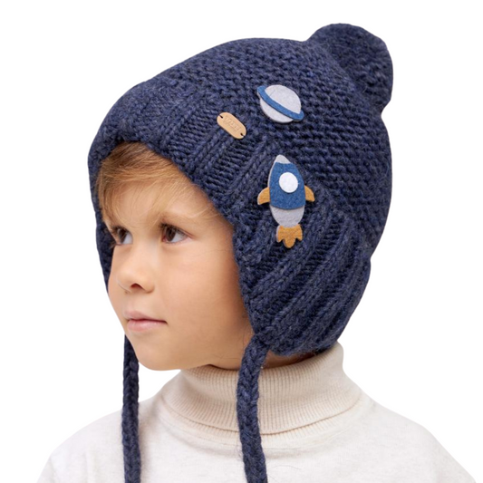 10241 Boys’ Knitted Winter Hat with Rocket & Planet Appliqué | Pom-Pom | Sizes 48–50 cm | 9–18 Months | Baby Alpaca, Wool | 100% Cotton Lining (Copy)