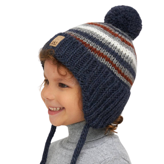 11005 Boys’ Striped Winter Knit Hat with Pom-Pom & Earflaps | Sizes 48–50 cm | 9–18 Months | Baby Alpaca, Wool | 100% Cotton Lining