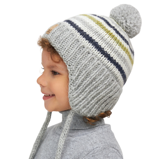 11005 Boys’ Striped Winter Knit Hat with Pom-Pom & Earflaps | Sizes 48–50 cm | 9–18 Months | Baby Alpaca, Wool | 100% Cotton Lining