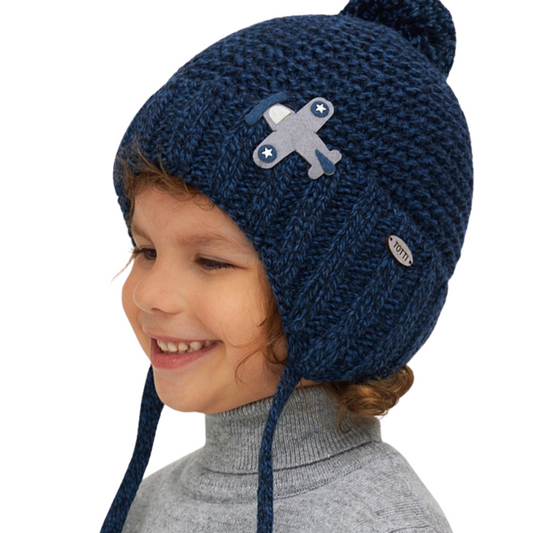 11048 Boys’ Knitted Winter Hat with Airplane Appliqué, Earflaps | Pom-Pom | Sizes 48–50 cm | 9–18 Months | Сashmere, Wool | 100% Cotton Lining