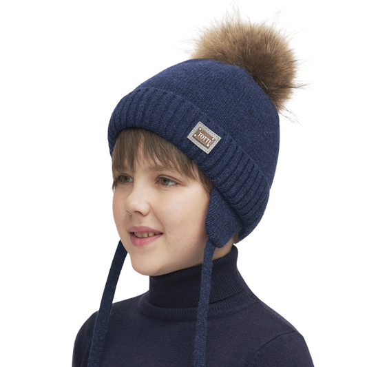 11411 Boys’ Knitted Winter Hat with Earflaps & Natural Fur Pom-Pom | Sizes 48-50,50–52,52-54,54-56 cm | 9–18, 18-36 Months, 3-5 Y, 6-12 Y | Сashmere, Wool | 100% Cotton Lining