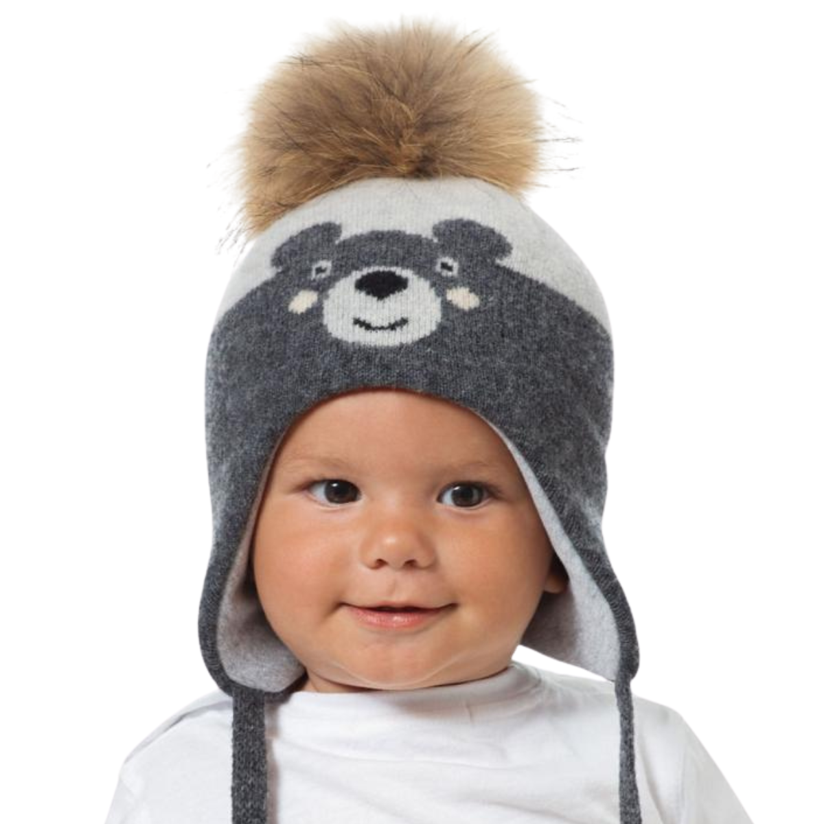 80573 Boys’ Knitted Winter Hat with Bear Design & Natural Fur Pom-Pom | Sizes 48–50 cm | 9–18 Months | Сashmere, Wool | 100% Cotton Lining