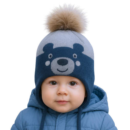 80573 Boys’ Knitted Winter Hat with Bear Design & Natural Fur Pom-Pom | Sizes 48–50 cm | 9–18 Months | Сashmere, Wool | 100% Cotton Lining
