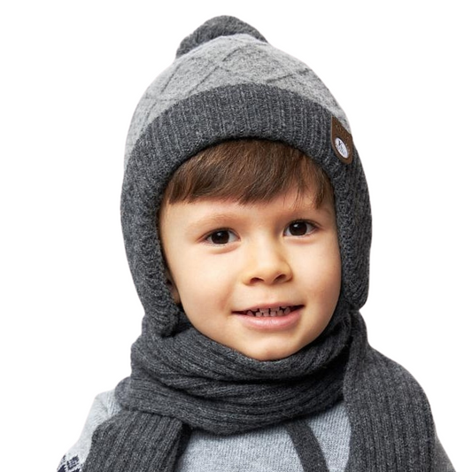 10136 Boys’ Knitted Winter Hat with with Pom-Pom & Earflaps – Gray Pattern | Sizes 48–50 cm | 9–18 Months | Сashmere, Wool | 100% Cotton Lining