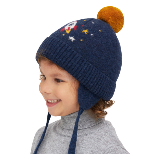 11260 Boys’ Knitted Winter Hat with Pom-Pom & Earflaps – Rocket & Stars Design | Sizes 48–50 cm | 9–18 Months | Сashmere, Wool | 100% Cotton Lining