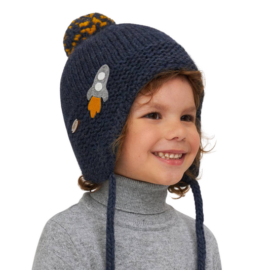 11002 Boys’ Knitted Winter Hat with Rocket Appliqué | Pom-Pom | Sizes 50–52 cm | 18–36 Months | Baby Alpaca, Wool | 100% Cotton Lining