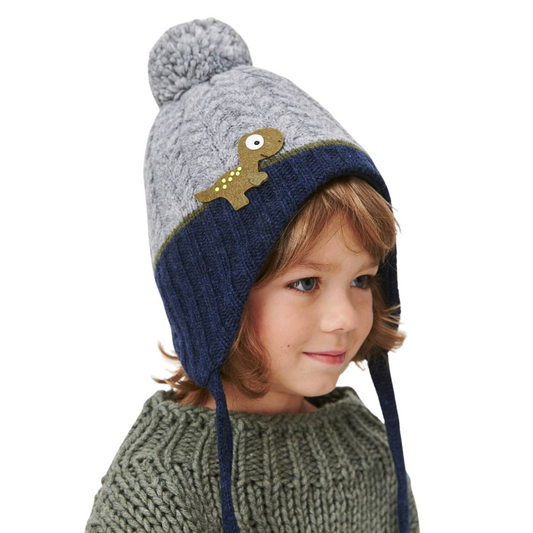 11102 Boys’ Knitted Winter Hat with Dinosaur Patch & Pom-Pom | Sizes 50–52 cm | 18–36 Months | Cashmere, Wool | 100% Cotton Lining