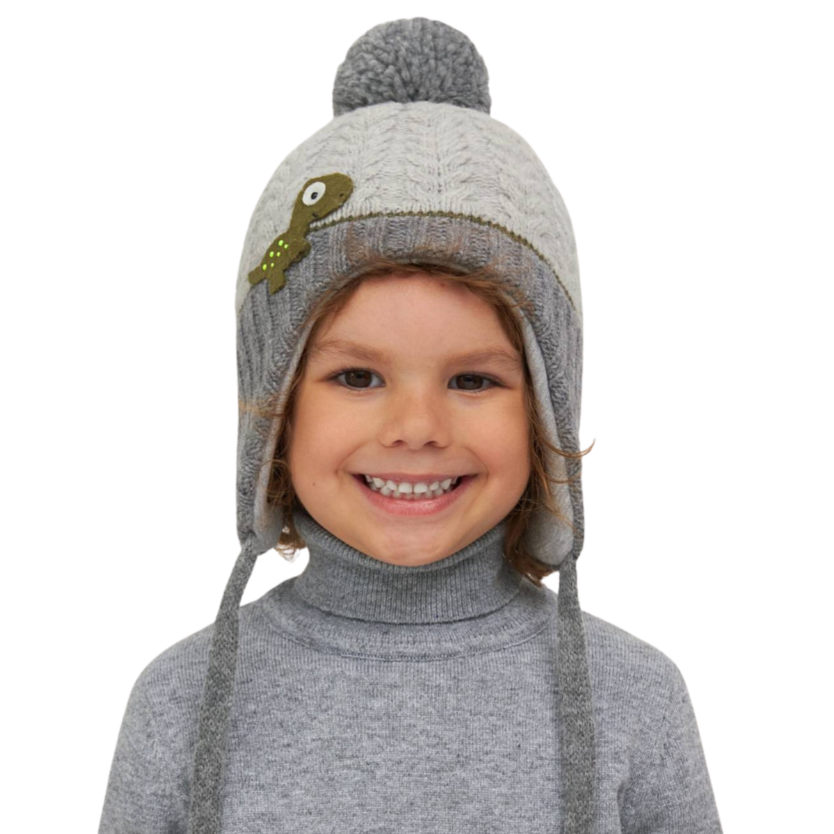 11102 Boys’ Knitted Winter Hat with Dinosaur Patch & Pom-Pom | Sizes 50–52 cm | 18–36 Months | Cashmere, Wool | 100% Cotton Lining