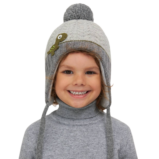 11102 Boys’ Knitted Winter Hat with Dinosaur Patch & Pom-Pom | Sizes 50–52 cm | 18–36 Months | Cashmere, Wool | 100% Cotton Lining