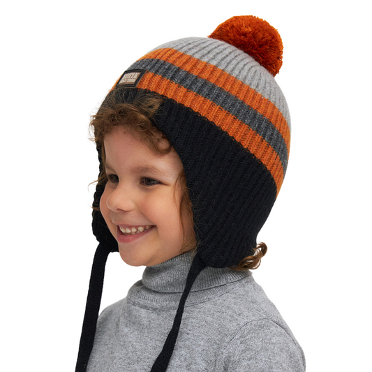 11103 Boys’ Striped Winter Knit Hat with Pom-Pom & Earflaps | Sizes 50–52 cm | 18–36 Months | Baby Alpaca, Wool | 100% Cotton Lining