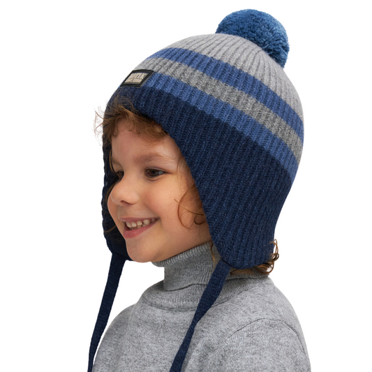 11103 Boys’ Striped Winter Knit Hat with Pom-Pom & Earflaps | Sizes 50–52 cm | 18–36 Months | Baby Alpaca, Wool | 100% Cotton Lining