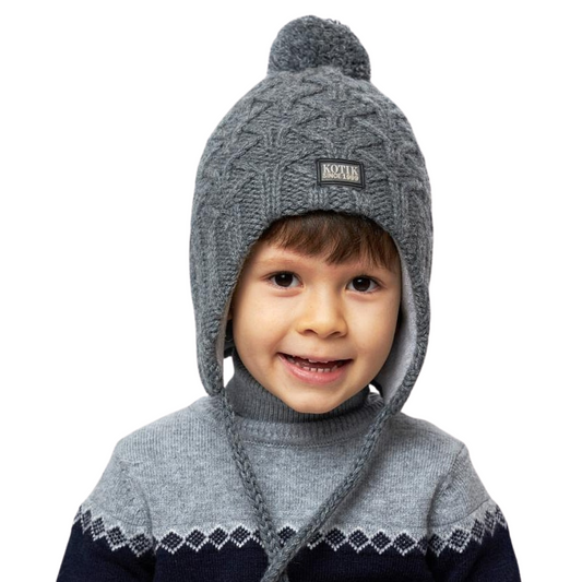10138 Boys’ Striped Winter Knit Hat with Earflaps & Pom-Pom | Gray Textured Pattern | Sizes 50–52 cm | 18–36 Months | Wool | 100% Cotton Lining