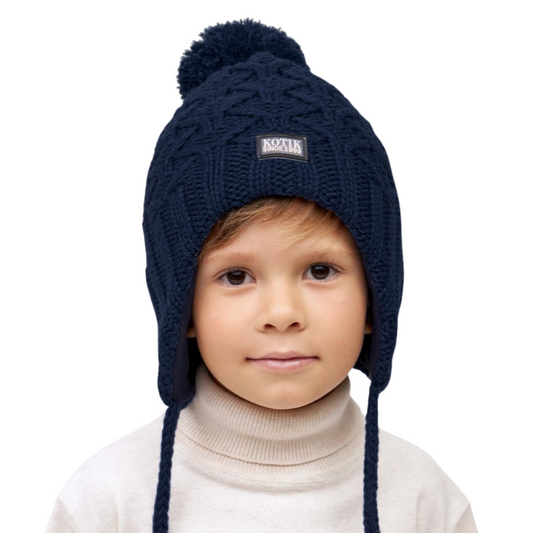 10138 Boys’ Striped Winter Knit Hat with Earflaps & Pom-Pom | Gray Textured Pattern | Sizes 50–52 cm | 18–36 Months | Wool | 100% Cotton Lining
