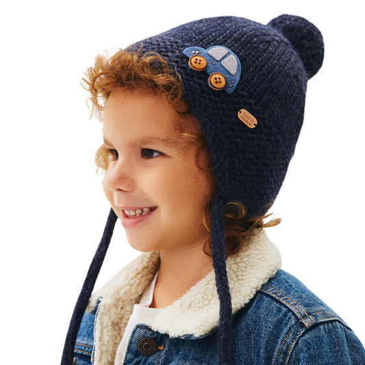 90541 Boys’ Knitted Winter Hat with Earflaps & Pom-Pom | Car Patch Design | Sizes 50–52 cm | 18–36 Months | Baby Alpaca, Wool | 100% Cotton Lining