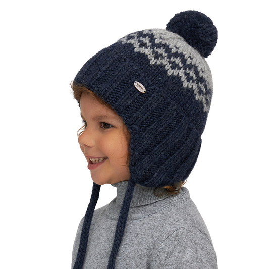 11042 Boys’ Knitted Winter Hat with Pom-Pom & Earflaps – Nordic Pattern | Sizes 50–52 cm | 18–36 Months | Baby Alpaca, Wool | 100% Cotton Lining