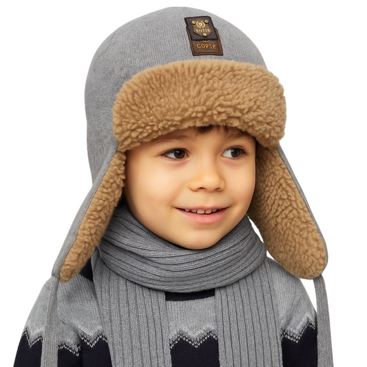 10146 Boys’ Winter Trapper Hat with Earflaps & Faux Fur Lining | Size 50–52 | 18-36 Months | Cashmere, Wool