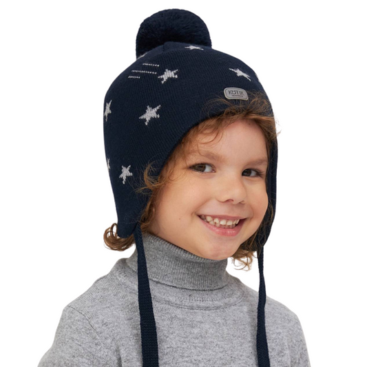 10209 Boys’ Euro Winter Knit Hat with Stars & Reflective Details, Ties & Pom-Pom | Sizes 50–52 cm | 18–36 Months | Wool | 100% Cotton Lining