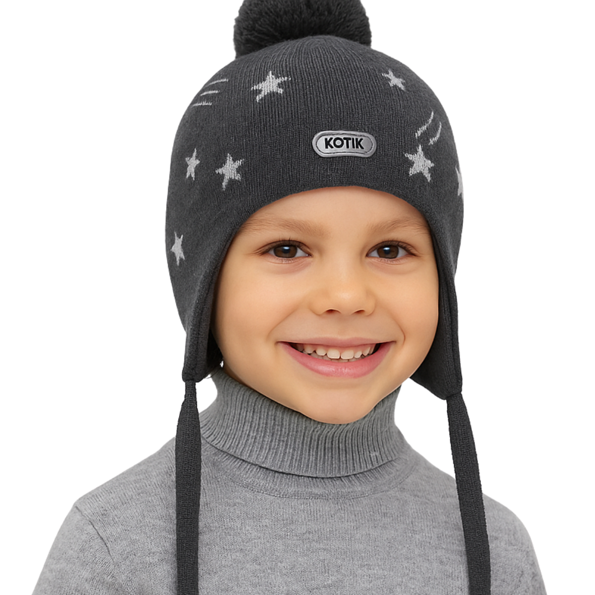 10209 Boys’ Euro Winter Knit Hat with Stars & Reflective Details, Ties & Pom-Pom | Sizes 50–52 cm | 18–36 Months | Wool | 100% Cotton Lining