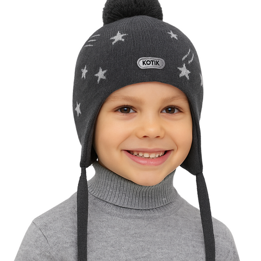 10209 Boys’ Euro Winter Knit Hat with Stars & Reflective Details, Ties & Pom-Pom | Sizes 50–52 cm | 18–36 Months | Wool | 100% Cotton Lining