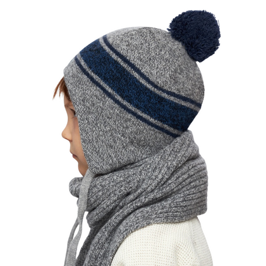 10120 Boys’ Winter Knit Hat with Stripes, Earflaps & Pom-Pom | Size 52-54 | 3–5 years | Cashmere, Wool | 100% Cotton Lining