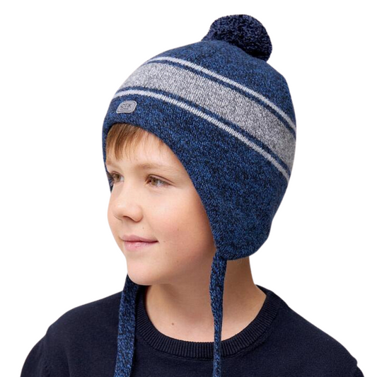 10120 Boys’ Winter Knit Hat with Stripes, Earflaps & Pom-Pom | Size 52-54 | 3–5 years | Cashmere, Wool | 100% Cotton Lining