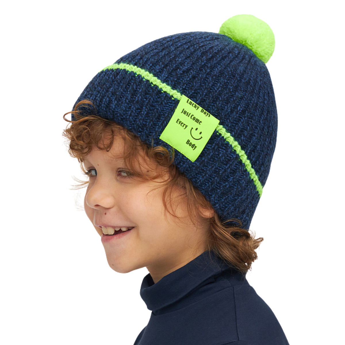 11106 Boys’ Winter Knit Hat with Pom-Pom & Neon Patch | Size 52-54 | 3–5 years | Cashmere, Wool | 100% Cotton Lining