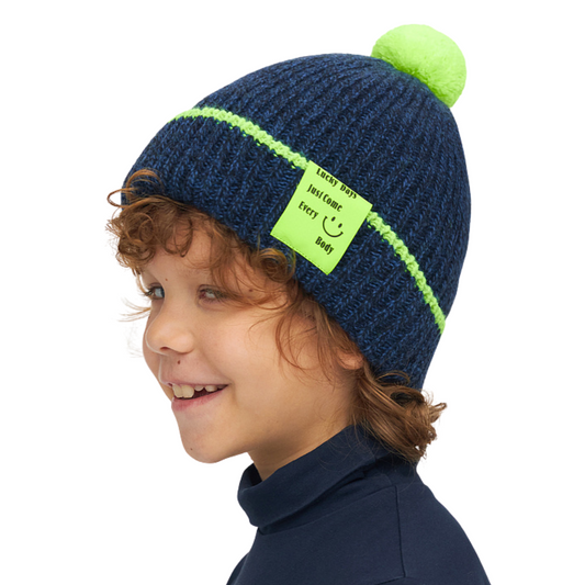 11106 Boys’ Winter Knit Hat with Pom-Pom & Neon Patch | Size 52-54 | 3–5 years | Cashmere, Wool | 100% Cotton Lining