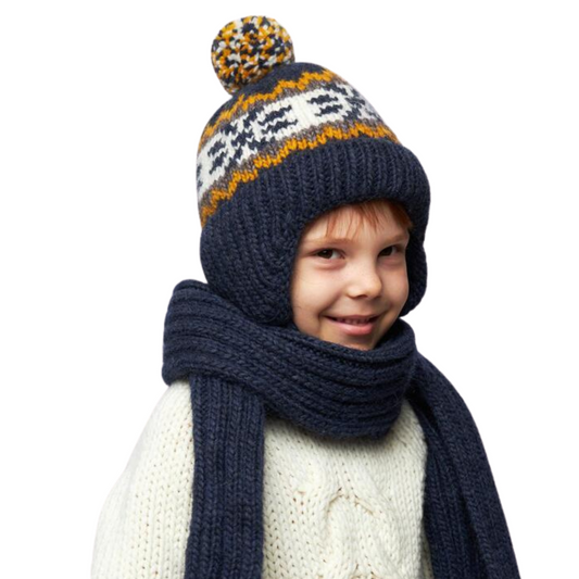10028 Boys’ Winter Knit Hat with Pom-Pom & Earflaps – Striped & Nordic Design | Size 52-54 | 3–5 years | Baby Alpaca, Wool | 100% Cotton Lining