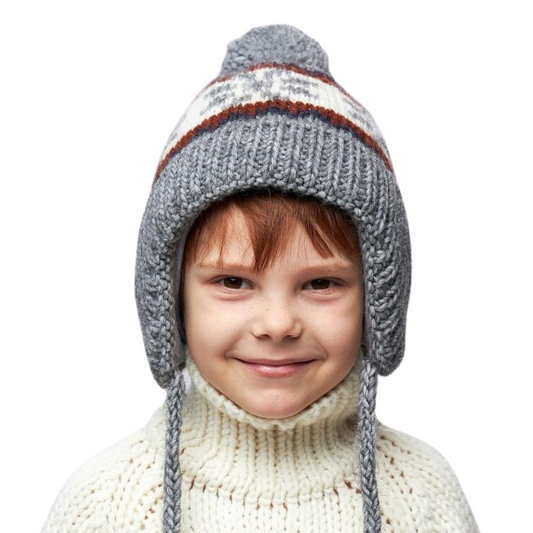 10028 Boys’ Winter Knit Hat with Pom-Pom & Earflaps – Striped & Nordic Design | Size 52-54 | 3–5 years | Baby Alpaca, Wool | 100% Cotton Lining