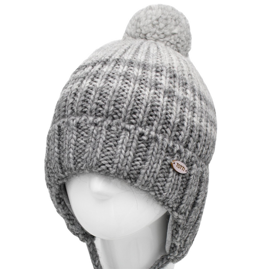 10100 Boys’ Winter Knit Hat with Pom-Pom & Earflaps – Gray Ribbed Design | Size 52-54 | 3–5 years | Baby Alpaca, Wool | 100% Cotton Lining