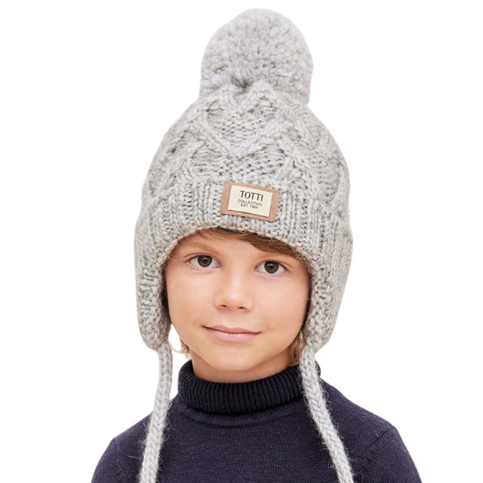 90039 Boys’ Winter Knit Hat with Pom-Pom & Earflaps – Gray Cable Knit Design | Size 52-54 | 3–5 years | Baby Alpaca, Wool | 100% Cotton Lining